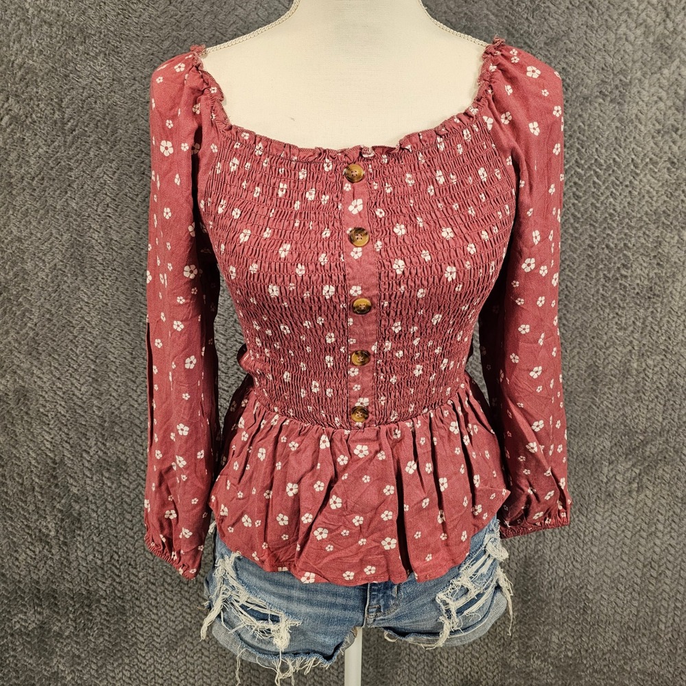 Romantic Cottagecore Floral Smocked‎ Peplum Top Long Sleeve Square Neck small